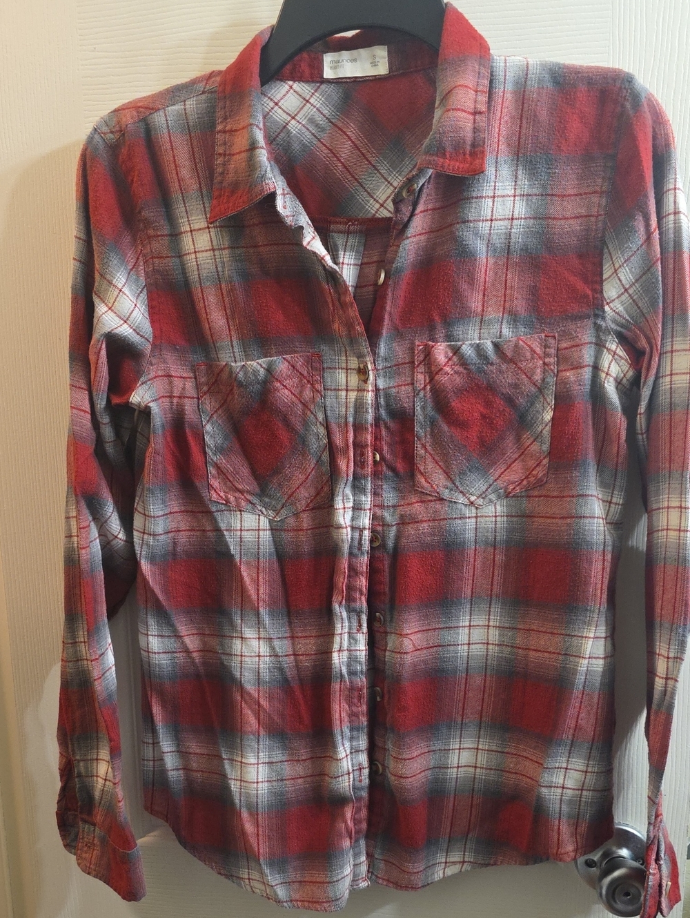 Maurices Red and Gray Plaid Button-Up Shirt Size S
